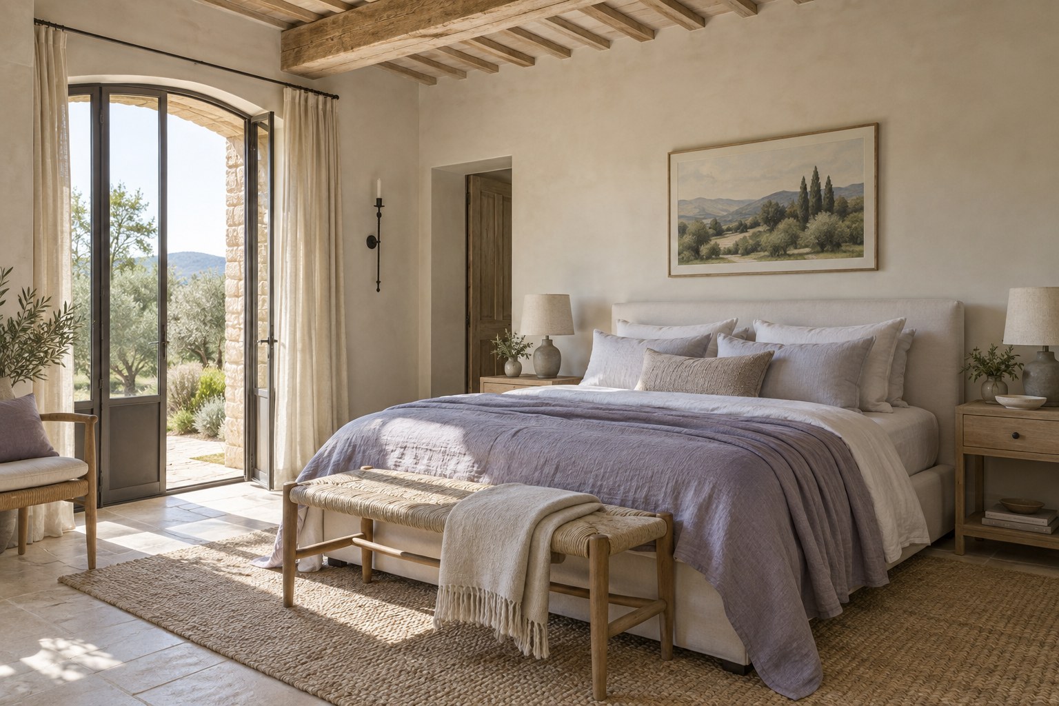 Provencal-style bedroom with ivory linen, lavender coverlet and pale wood