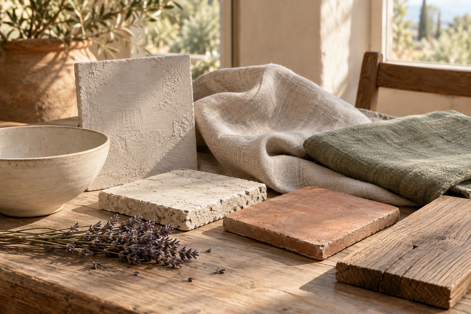 Provencal-style palette with limewash, stone, terracotta, linen, wood and lavender