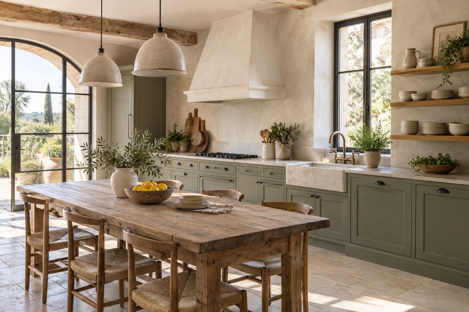 Provencal-style kitchen with sage-green cabinets, limewashed walls and timber table