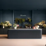 Flower shop interior with a continuous floor and considered furnishings