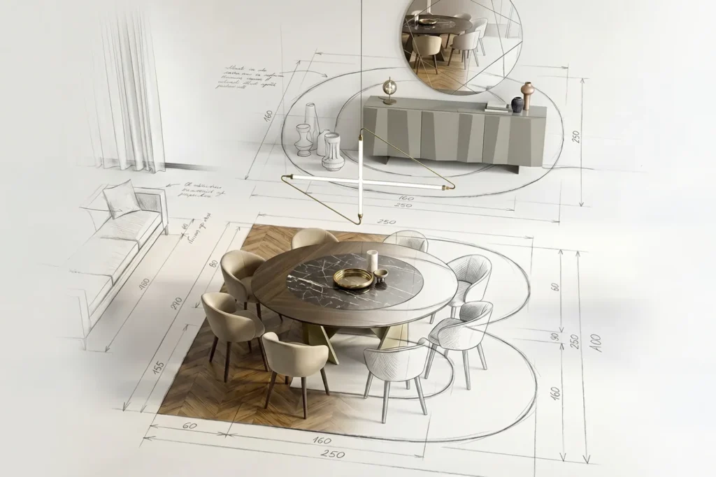 Bright dining area with pale flooring and a round table