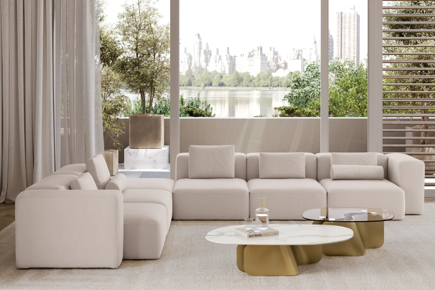 Bright living room with pale walls, a clean ceiling and large windows