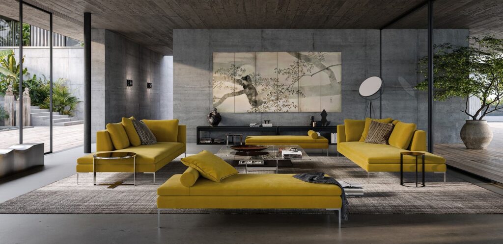Soggiorno con pareti e soffitto in calcestruzzo a vista e sedute gialle