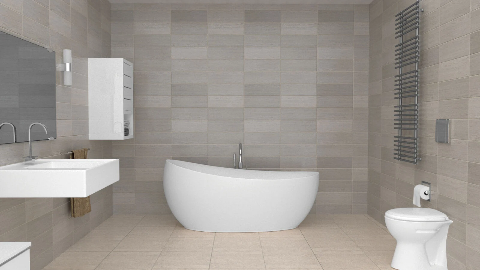 Bathroom with a white freestanding bathtub, basin and grey wall tiles