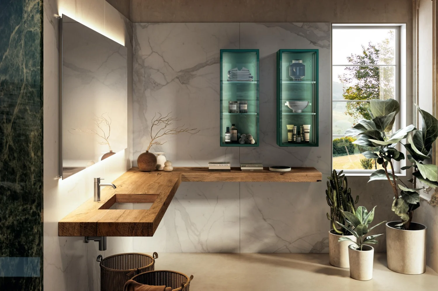 Bathroom with corner wooden worktop, integrated basin and glass wall cabinets