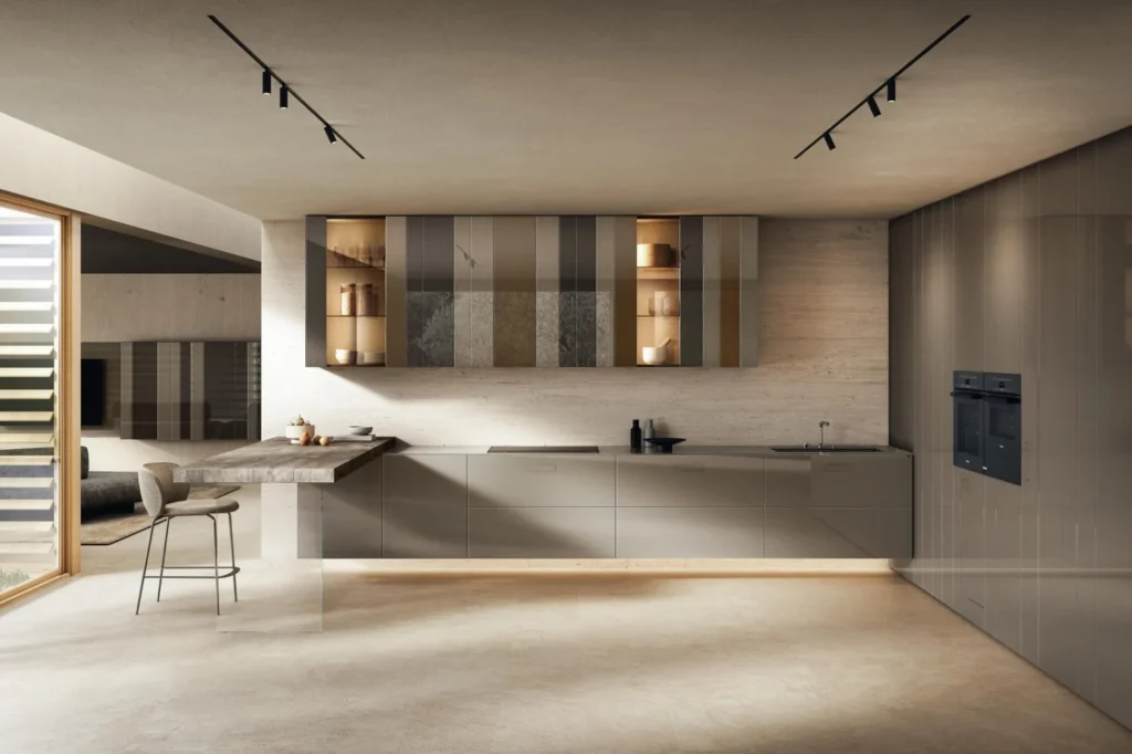 Wall-hung kitchen with peninsula, glass wall cabinets and pale floor