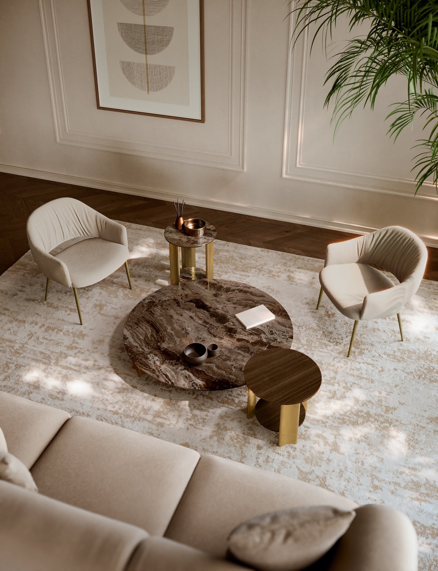Bontempi living room seen from above with light fabric armchairs, a low round marble-effect coffee table and side tables with gold legs