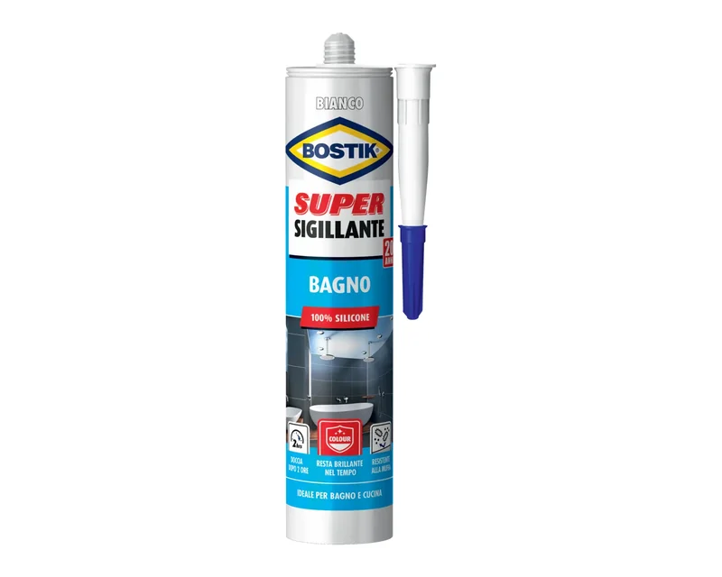 White Bostik Super Sigillante Bagno bathroom sealant cartridge with nozzle