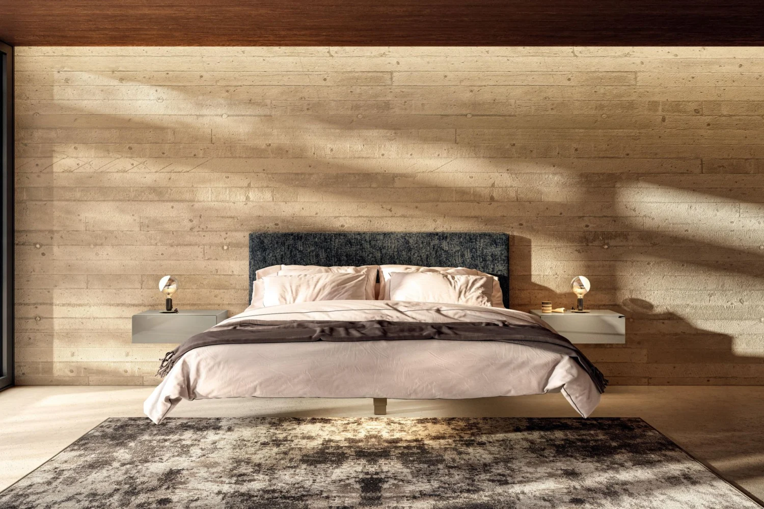 Floating bed with a grey upholstered headboard and wall-hung side shelves against a wooden wall