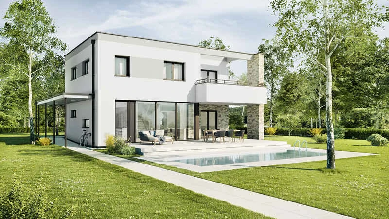 Casa campione VARIO-HAUS con facciate chiare, terrazza e giardino