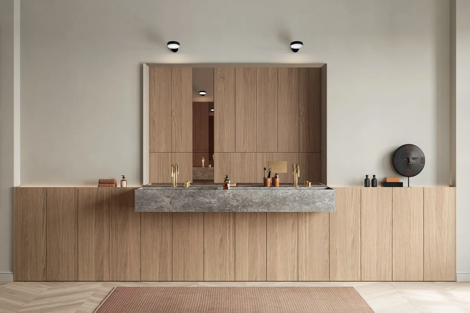 Bathroom with a full-wall wooden vanity and stone basin