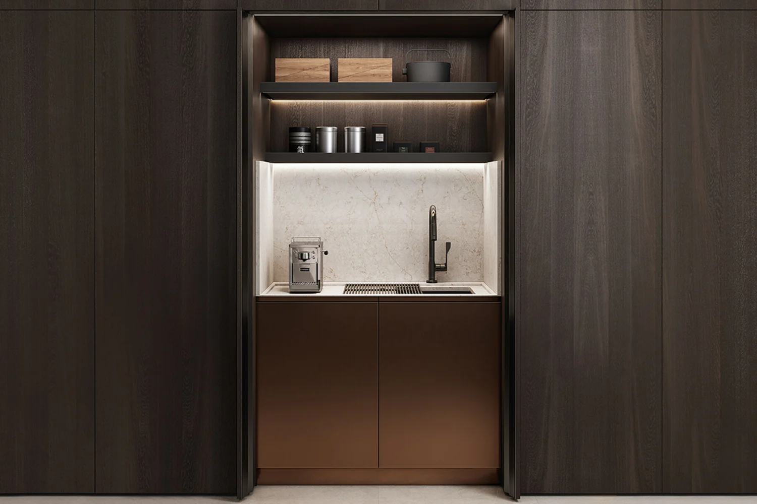 Dark wood kitchen wall with retractable doors open on a fitted recess with shelves and worktop
