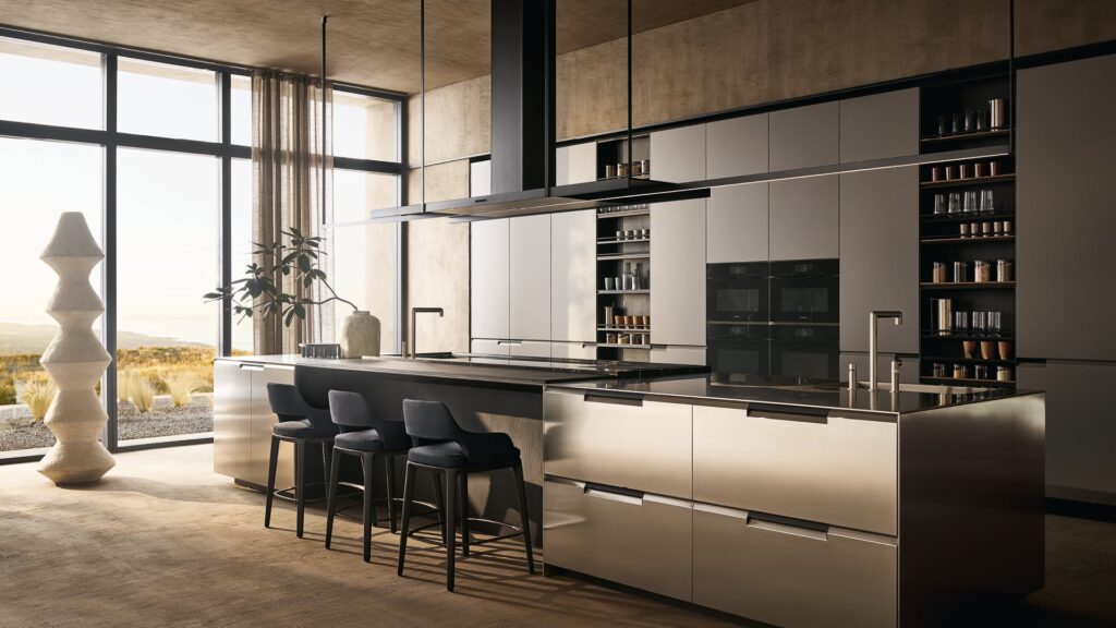 Poliform kitchen with central island, stools and storage wall