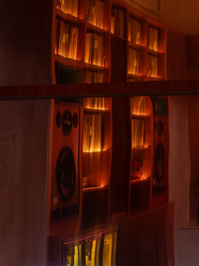 Riflesso della parete di vinili e dei diffusori hi-fi di Frissón su una superficie lucida