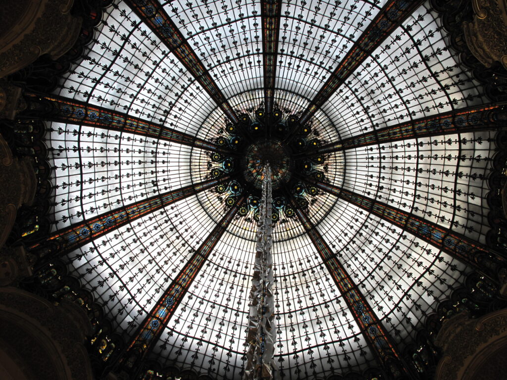 Stained-glass dome and Art Nouveau balconies at Galeries Lafayette Haussmann