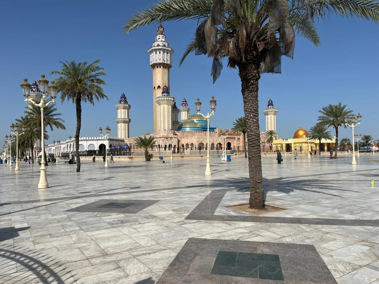 The minarets of the Great Mosque of Touba among palm trees