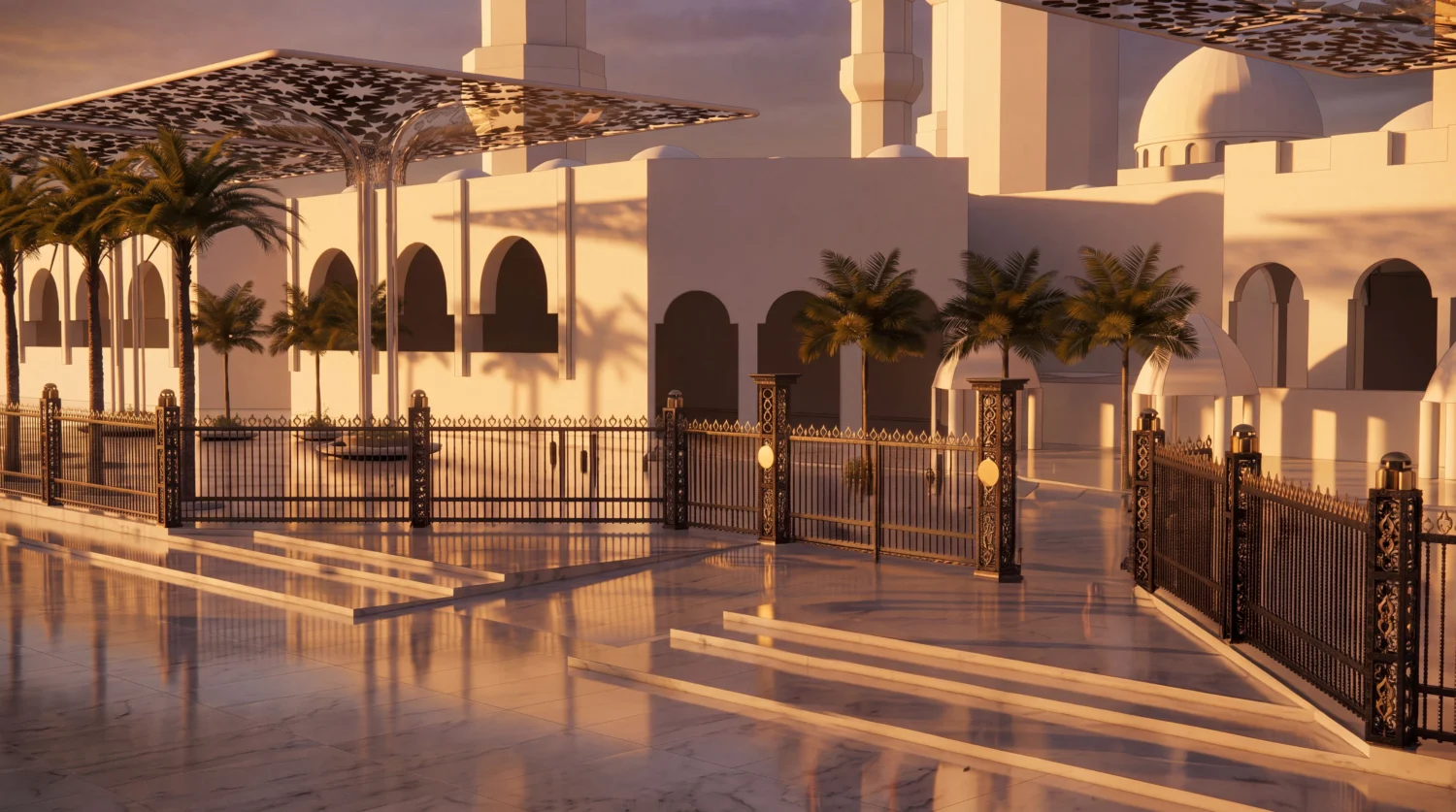 Render of the new monumental enclosure of the Great Mosque of Touba at sunset