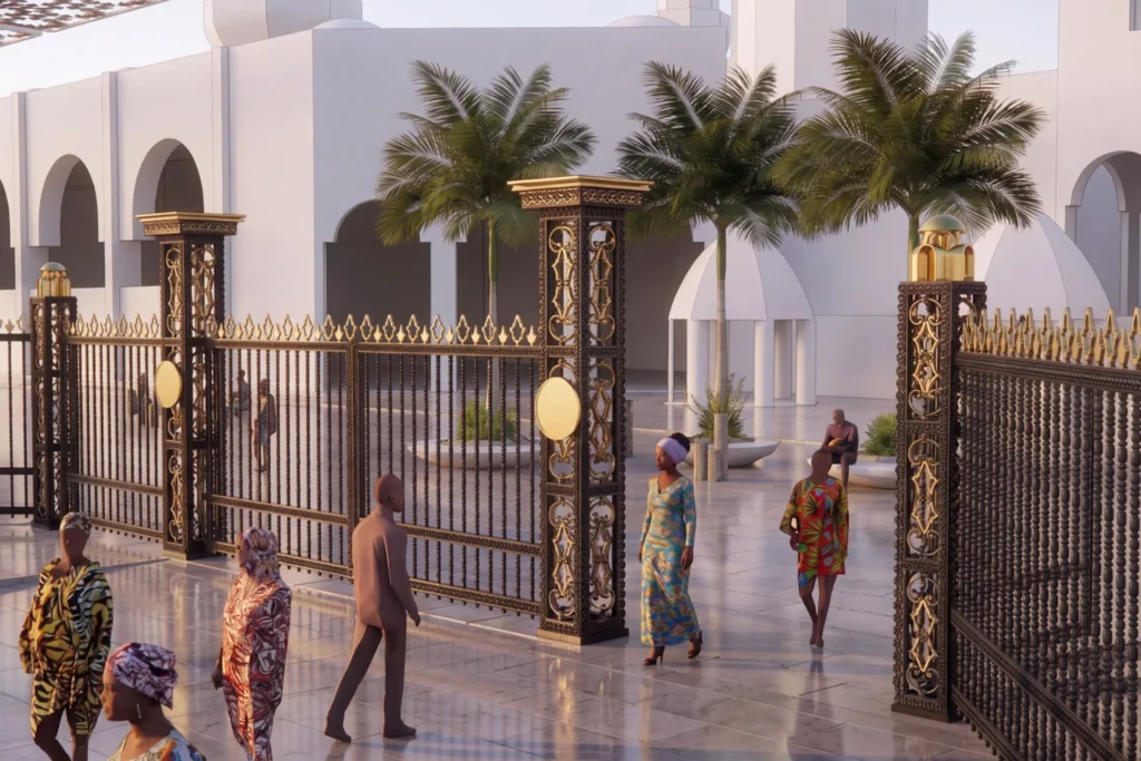Render della nuova recinzione in ferro battuto della Grande Moschea di Touba