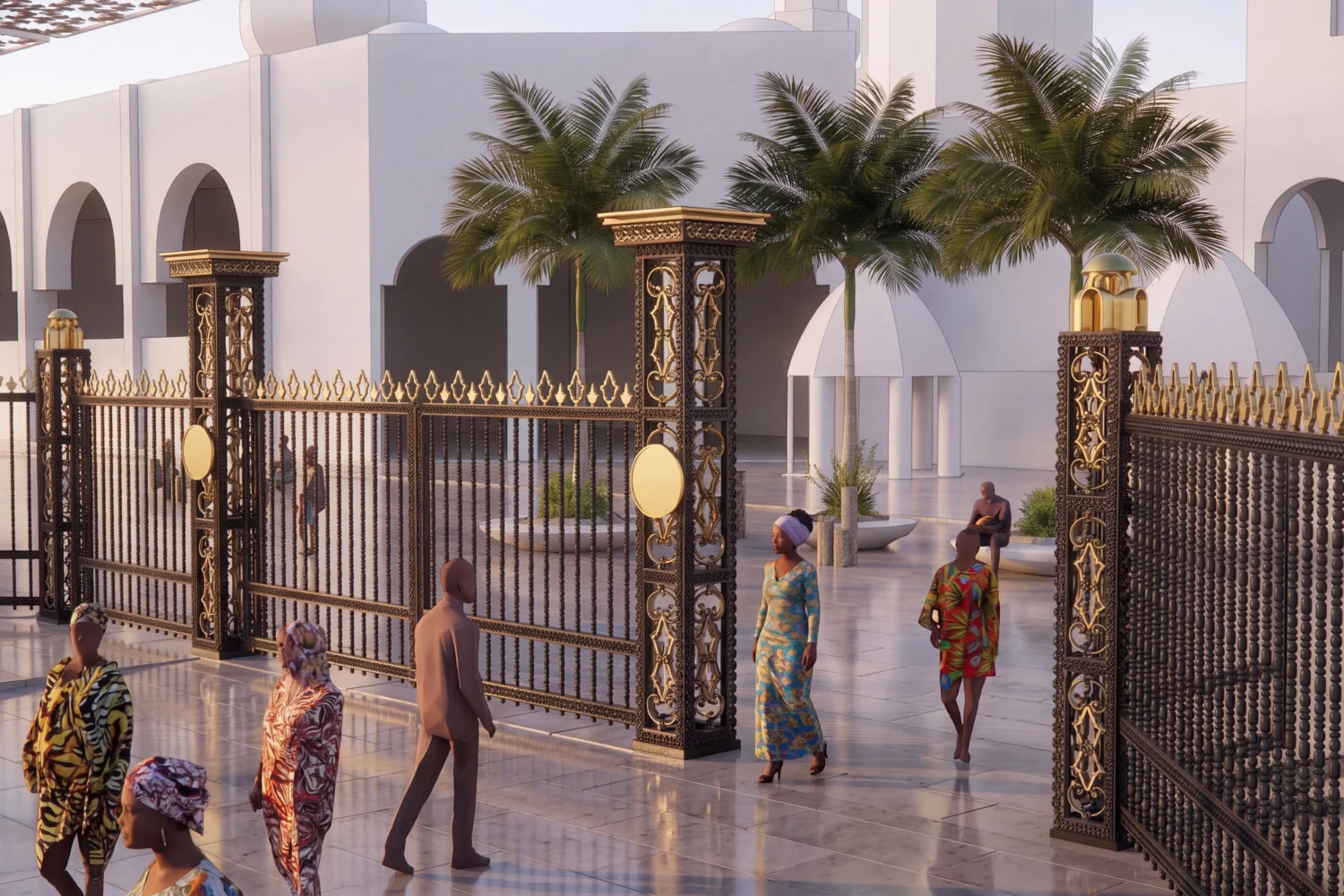 Render della nuova recinzione in ferro battuto della Grande Moschea di Touba