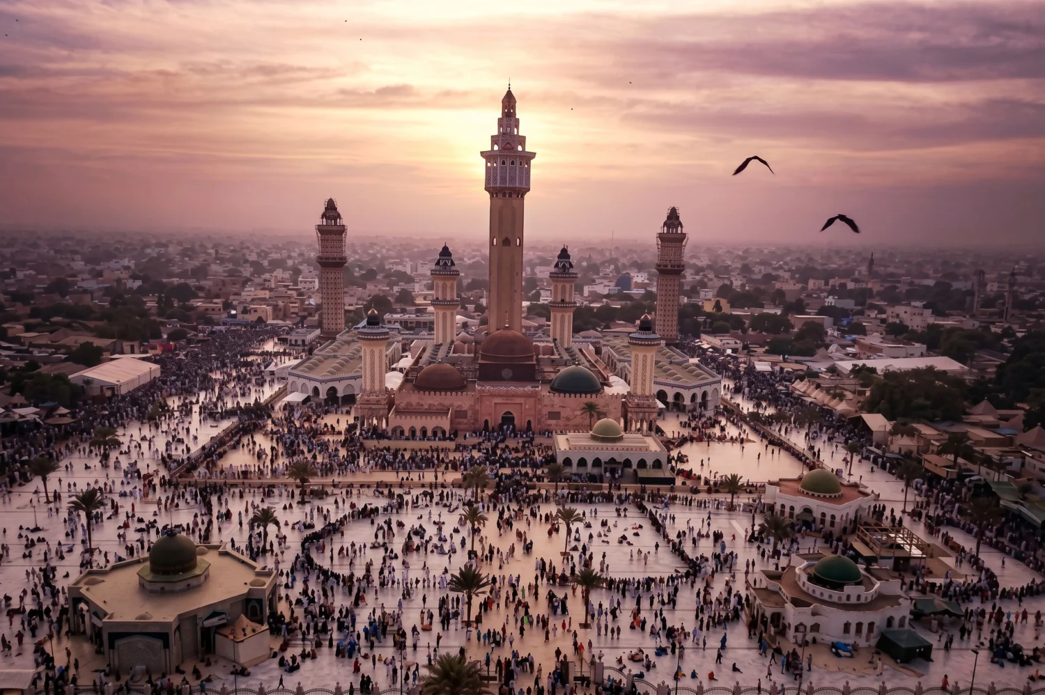 Aerial view of the Great Mosque of Touba and its forecourt filled with worshippers