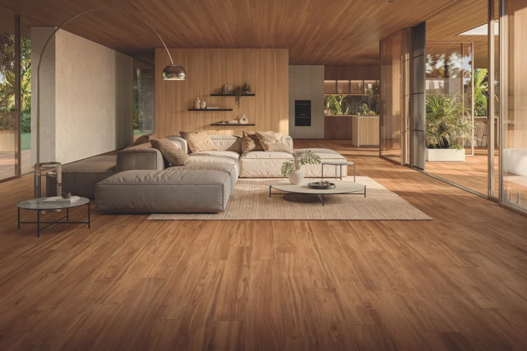 Open-plan living room with teak wood effect porcelain floor and a large pale sofa