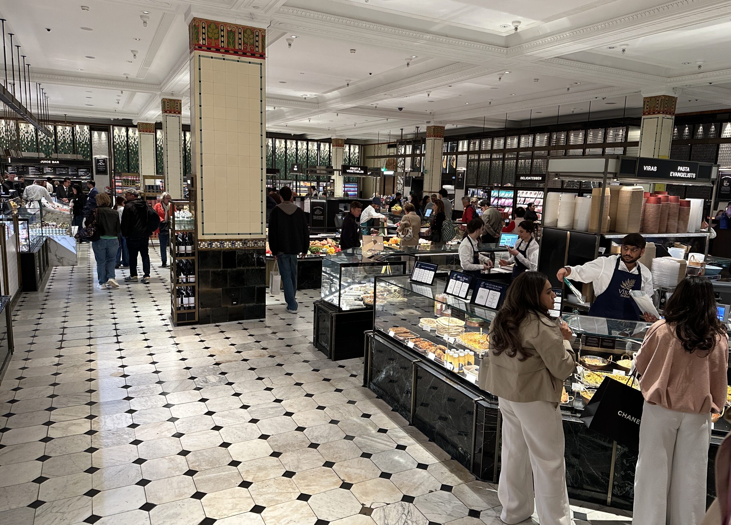 Ceramic-clad columns, decorative glazing and counters in the Harrods Food Halls