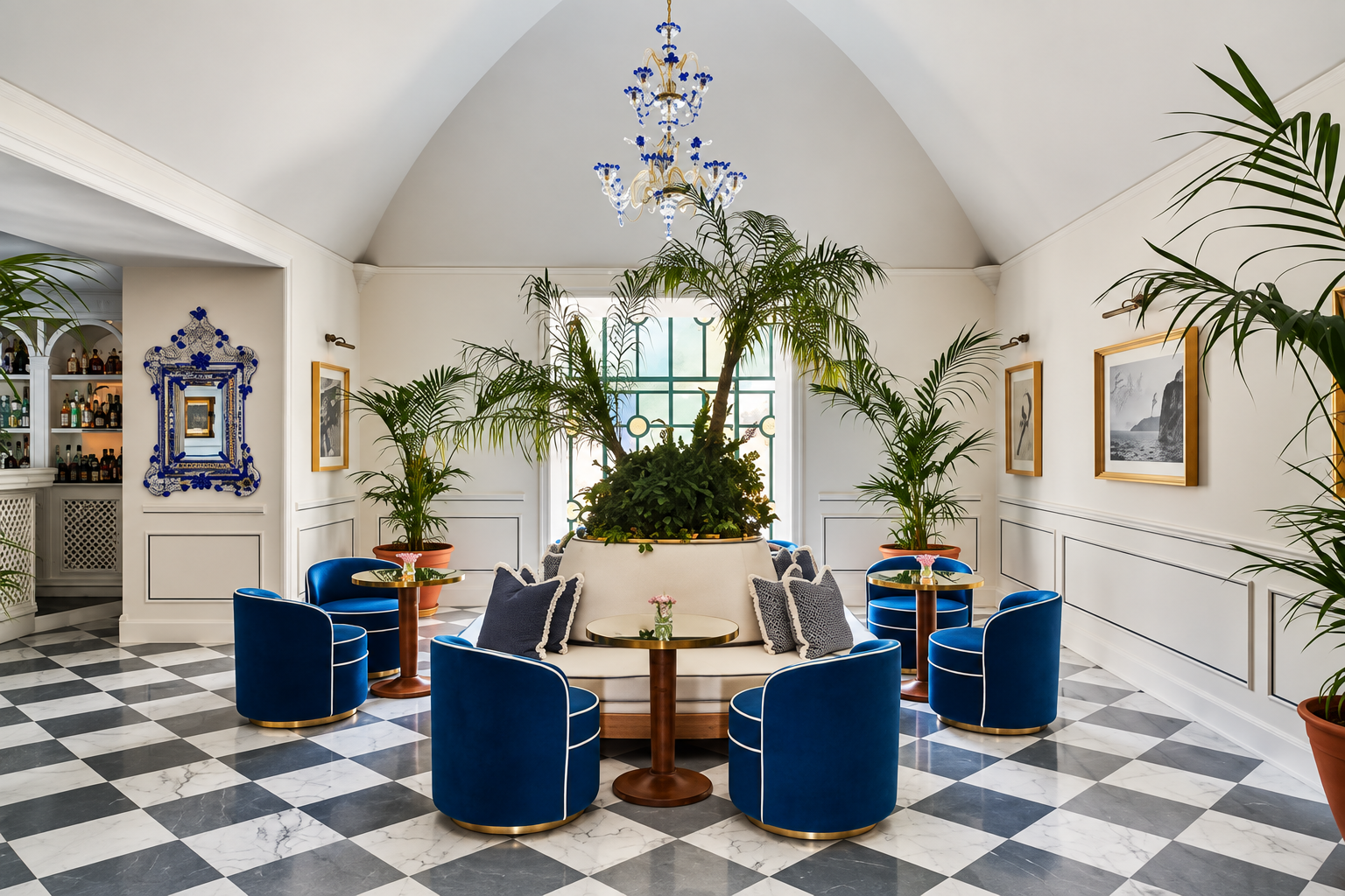 hotel du tasso sorrento archieinteriors.com Elegante lounge d’hotel con palme e velluto blu