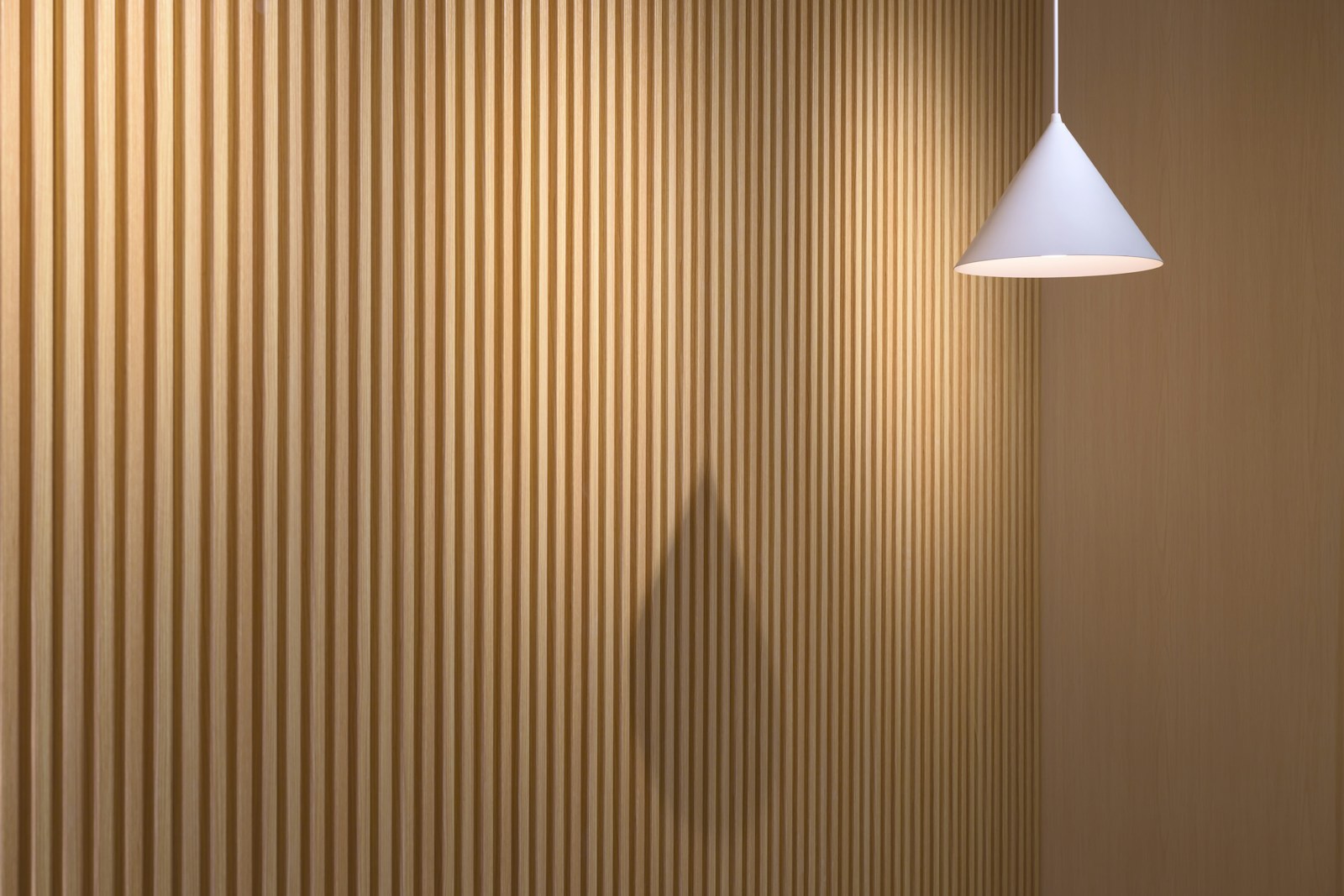 Pale fluted wood wall with a pendant lamp and raking light