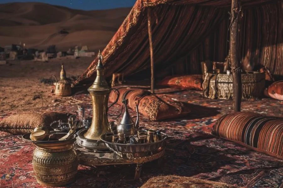 Tenda nel deserto sotto il cielo stellato con tappeti, cuscini e oggetti in metallo, immagine di ispirazione per Base Camp di Magliocco Tappeti