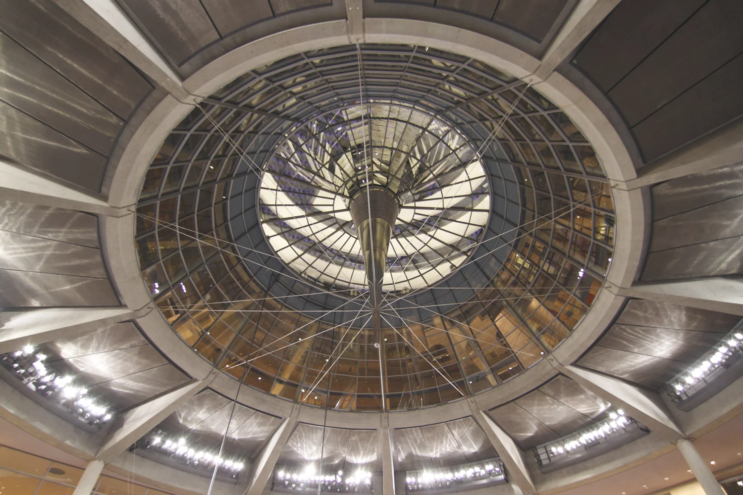 Inside the glass dome of the Reichstag in Berlin designed by Norman Foster