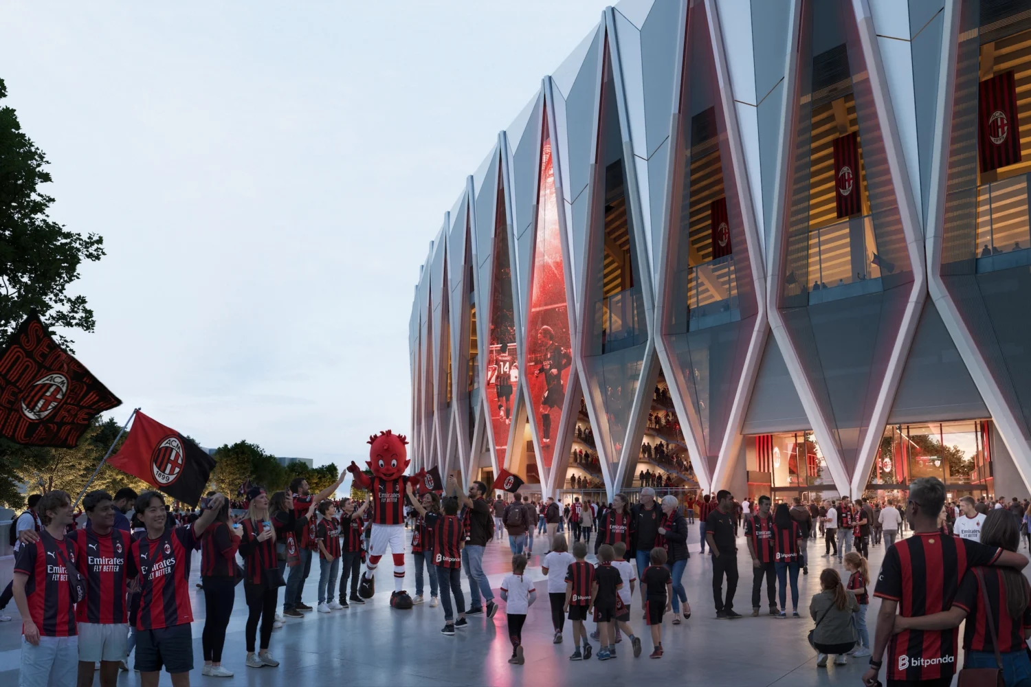 Detail of the diamond-shaped entrances and colonnades of the Generali Stadium in Milan