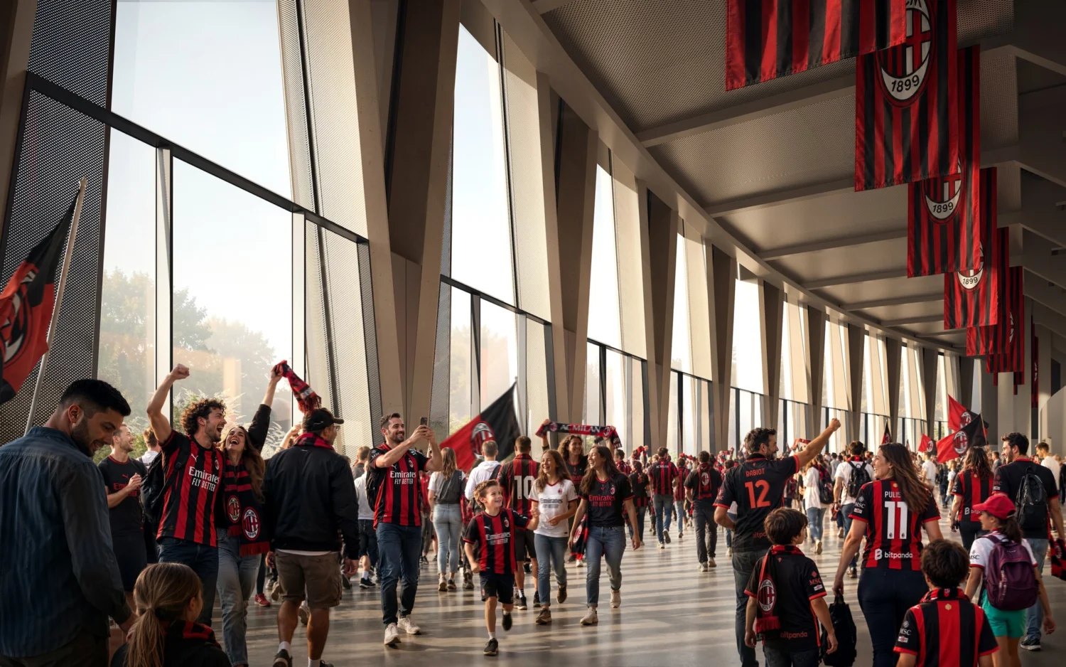 Panoramic concourse inside the Generali Stadium, between the structure's X-shaped columns