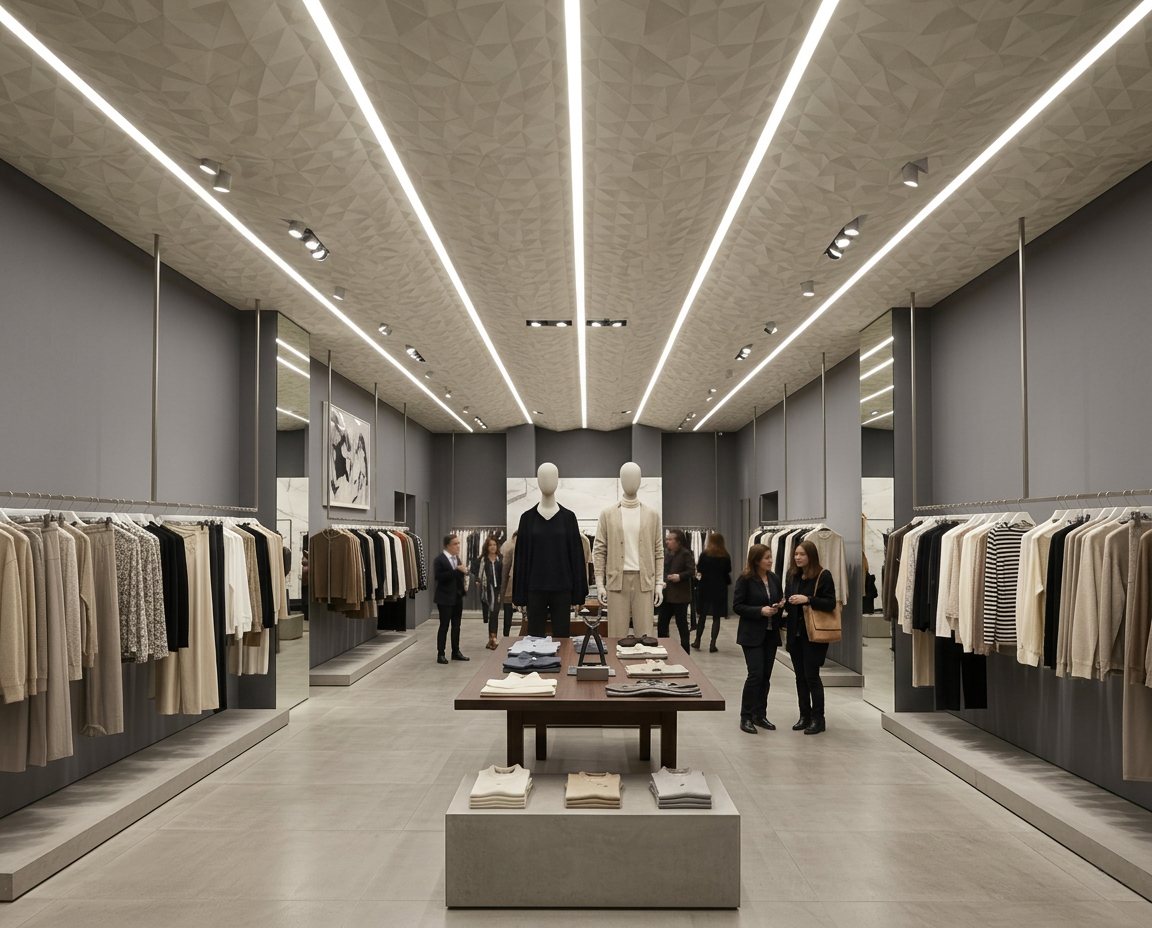 Clothing store with ceiling clad in SibuDesign Structure Line 3D decorative panels
