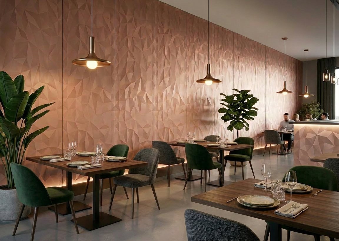Restaurant with wall clad in copper coloured faceted SibuDesign Structure Line 3D decorative panels