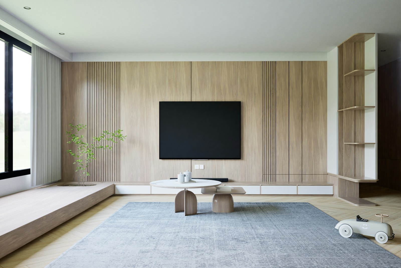 Full-height TV wall clad in pale fluted wood in a bright living room