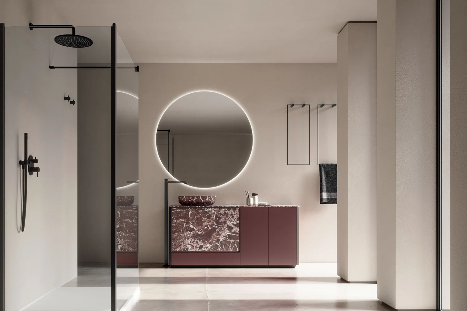 Bathroom with backlit round mirror, marble-front vanity and glass shower