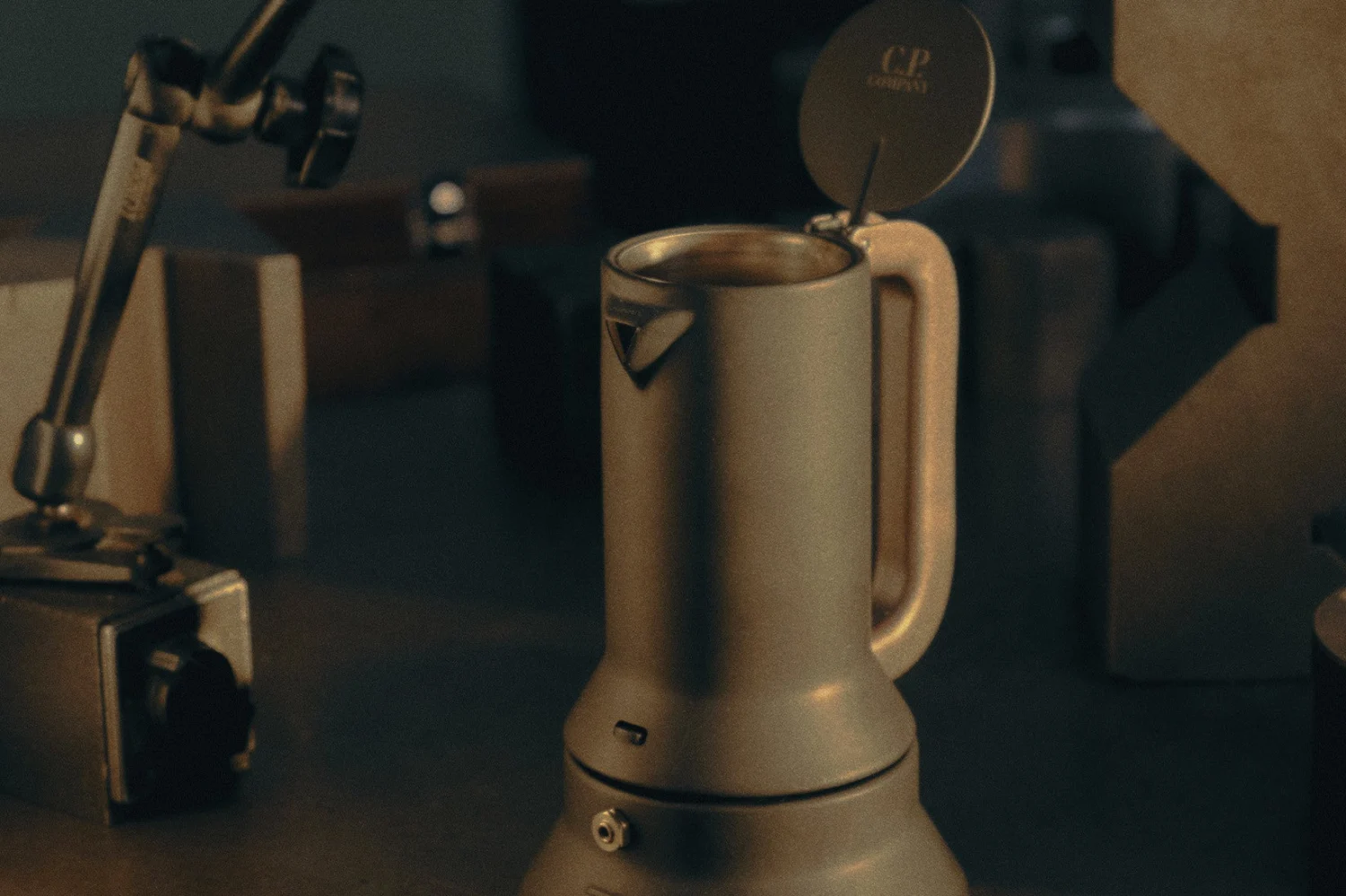 Alessi 9090 espresso maker in black PVD from the Alessi and C.P. Company capsule