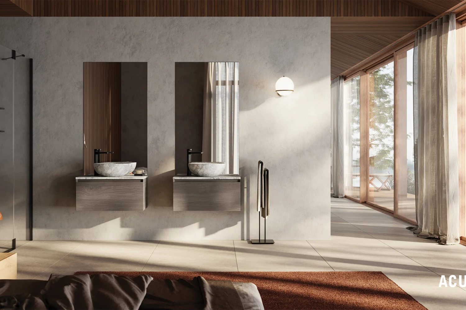 Bathroom with two countertop basins on floating shelves and tall mirrors