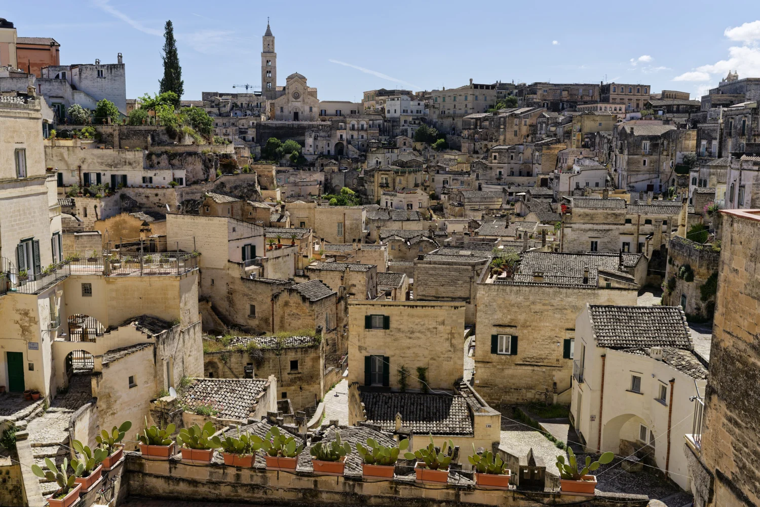 Panorama of the Sassi of Matera with the Cathedral bell tower