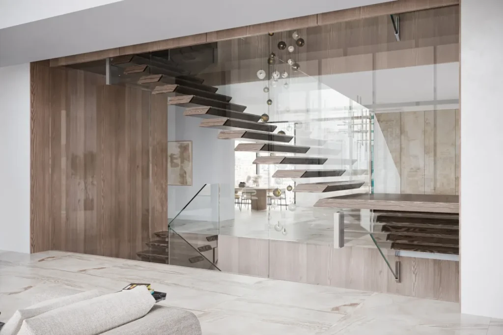 Scala interna moderna sospesa con gradini in legno e parapetto in vetro in un living a doppia altezza