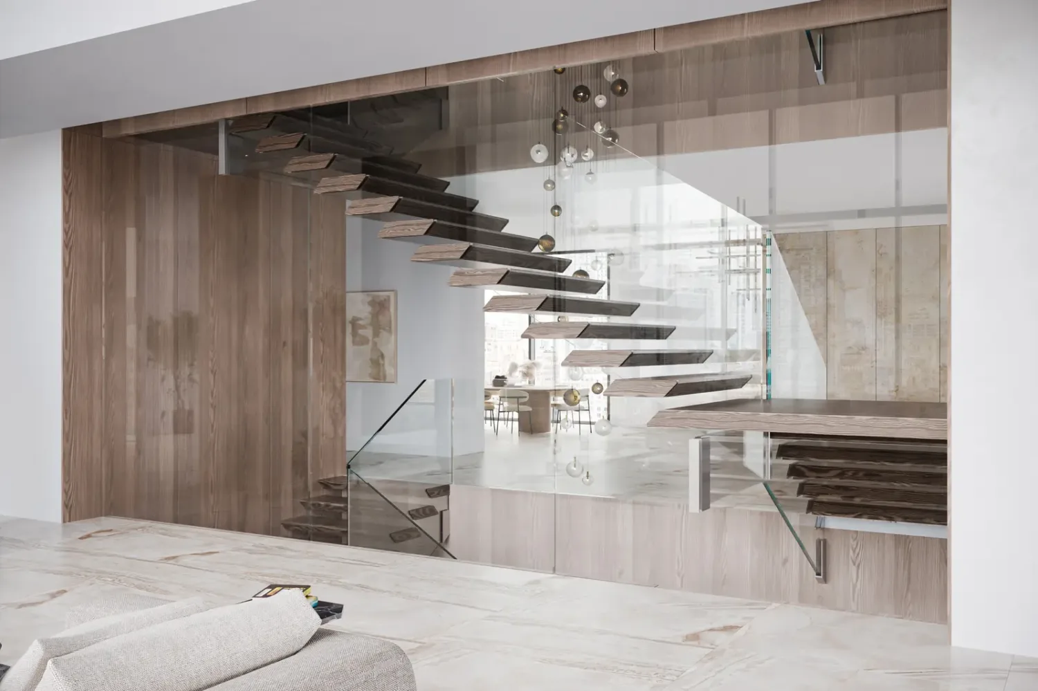 Scala interna moderna sospesa con gradini in legno e parapetto in vetro in un living a doppia altezza