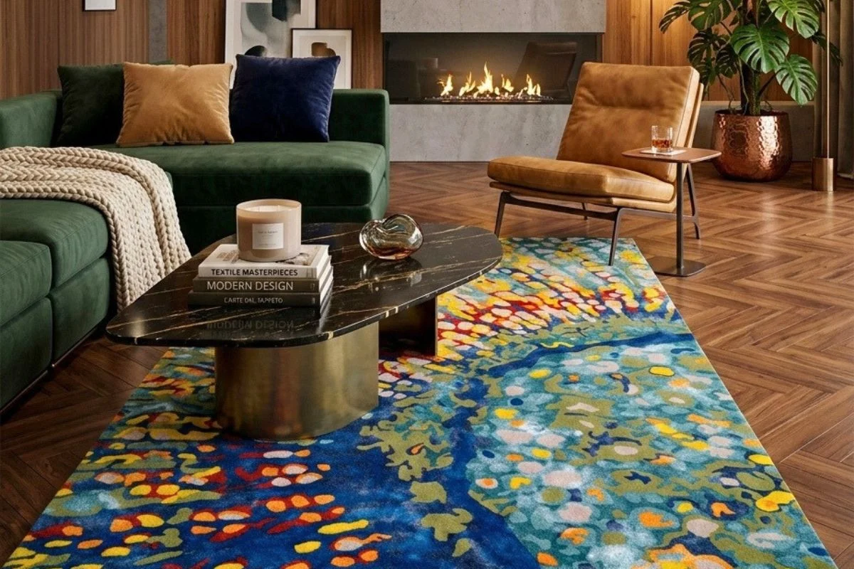 Soggiorno con camino, divano verde, tavolino in marmo e tappeto multicolore su parquet a spina