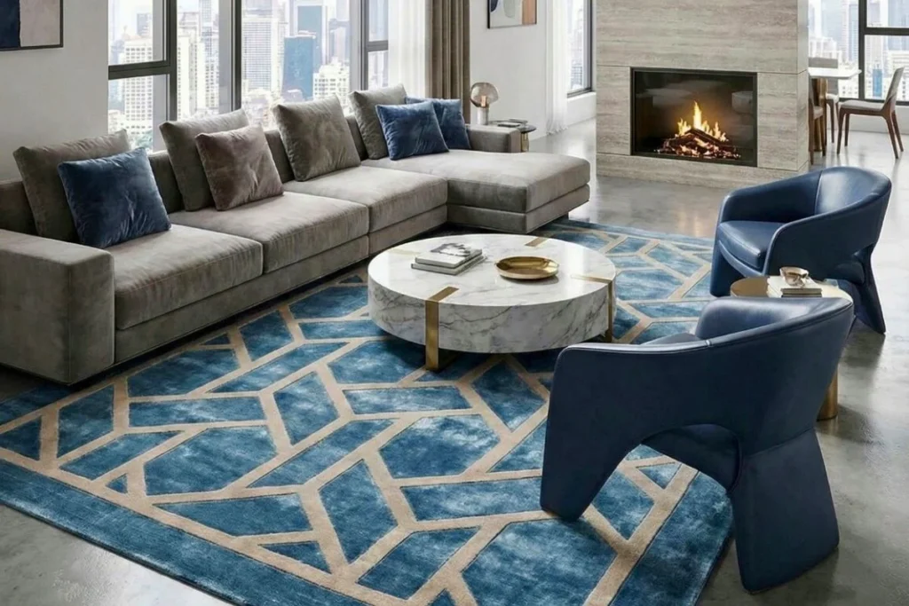 Large living room with grey corner sofa, marble coffee table and blue geometric rug