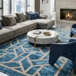 Soggiorno ampio con divano angolare grigio, tavolino in marmo e grande tappeto blu a motivo geometrico