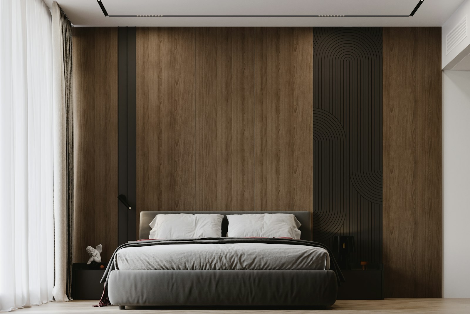 Bedroom with a fluted wood wall and headboard and a grey bed