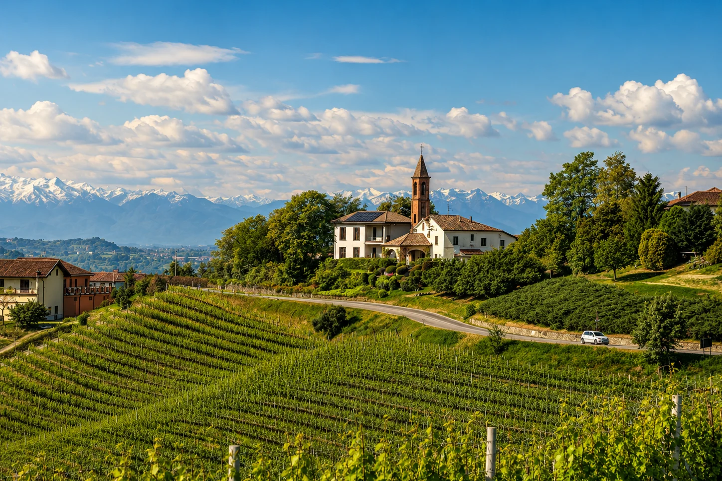Villa Irene Langhe a Monforte d Alba tra i vigneti, con il campanile e le Alpi sullo sfondo