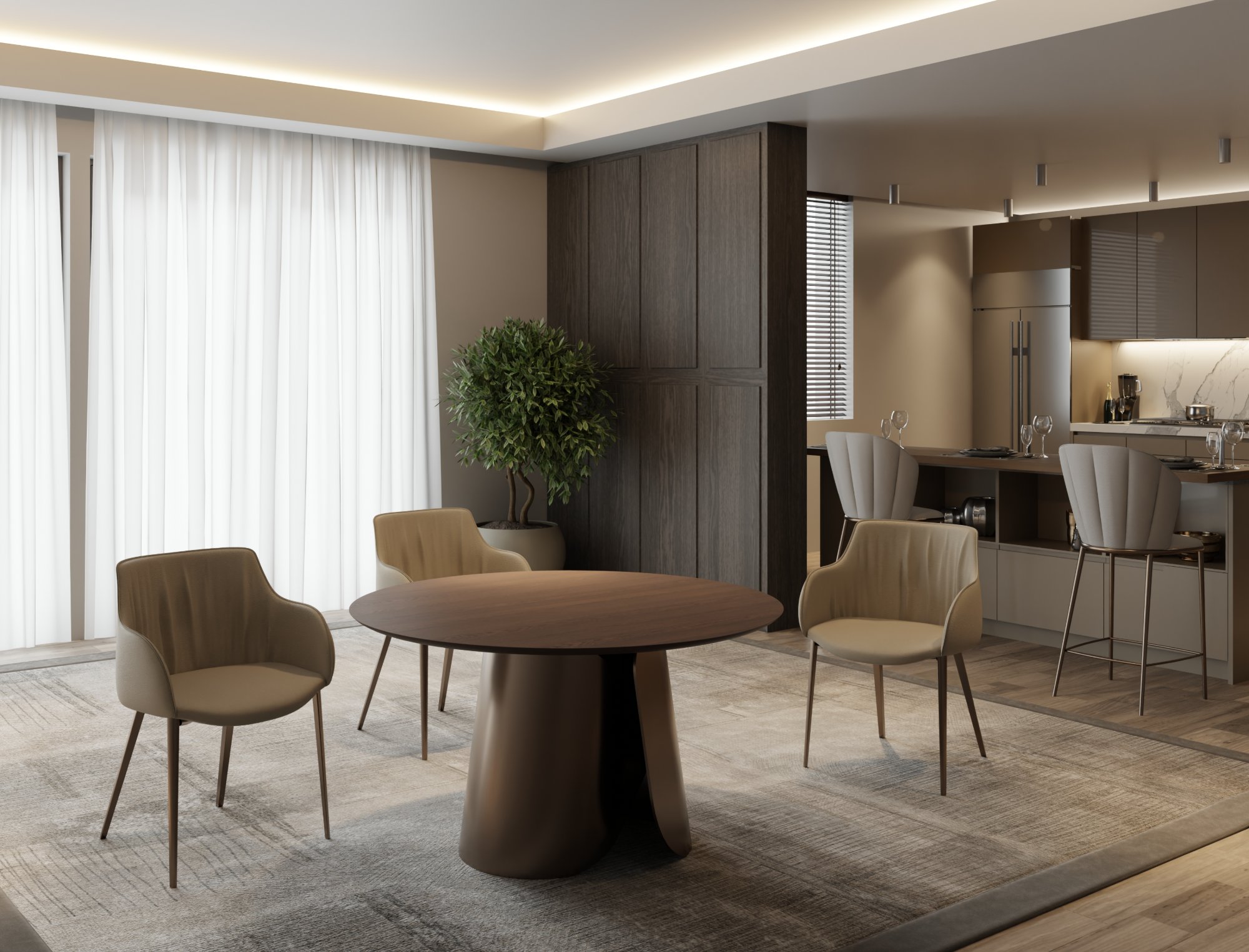 Zona pranzo Zamagna Italia in open space con cucina: tavolo rotondo con base scultorea e poltroncine beige